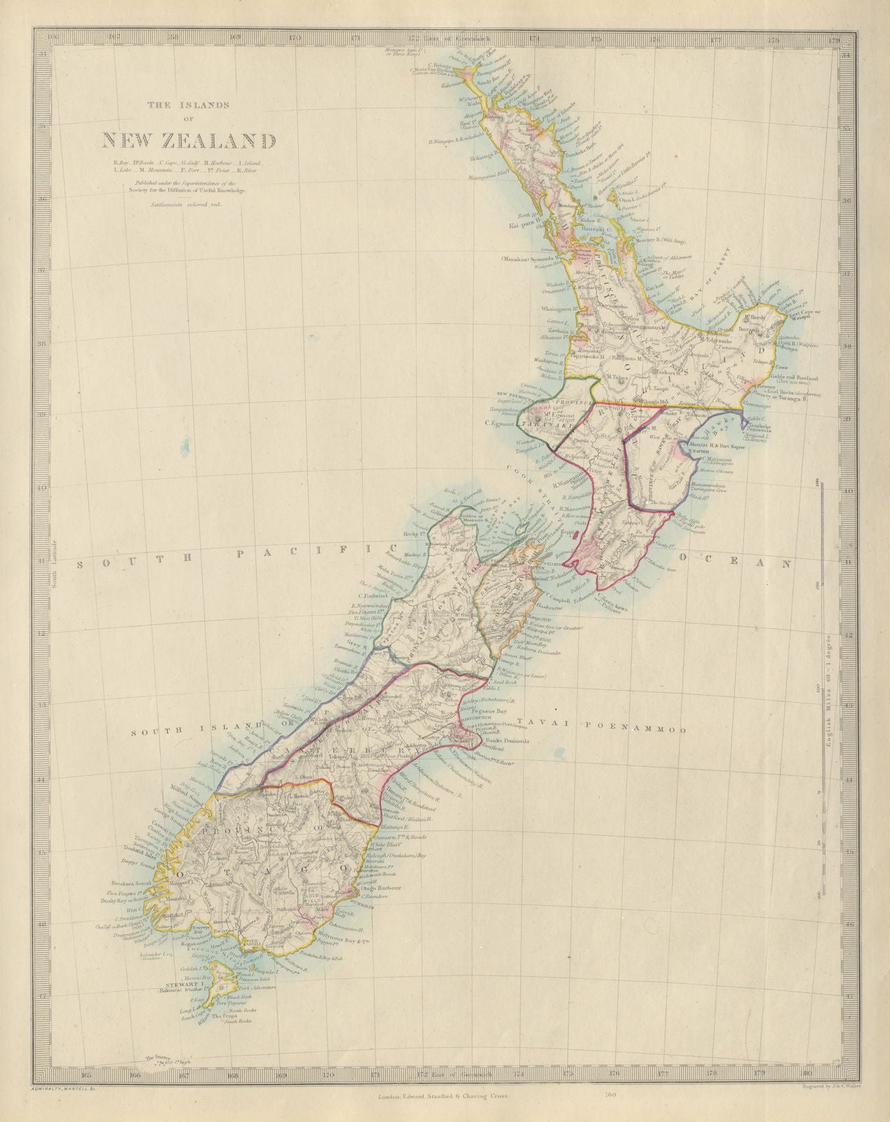 NEW ZEALAND provinces inc. Westland. Tavai Poenammoo Eaheinomauwe. SDUK 1874 map
